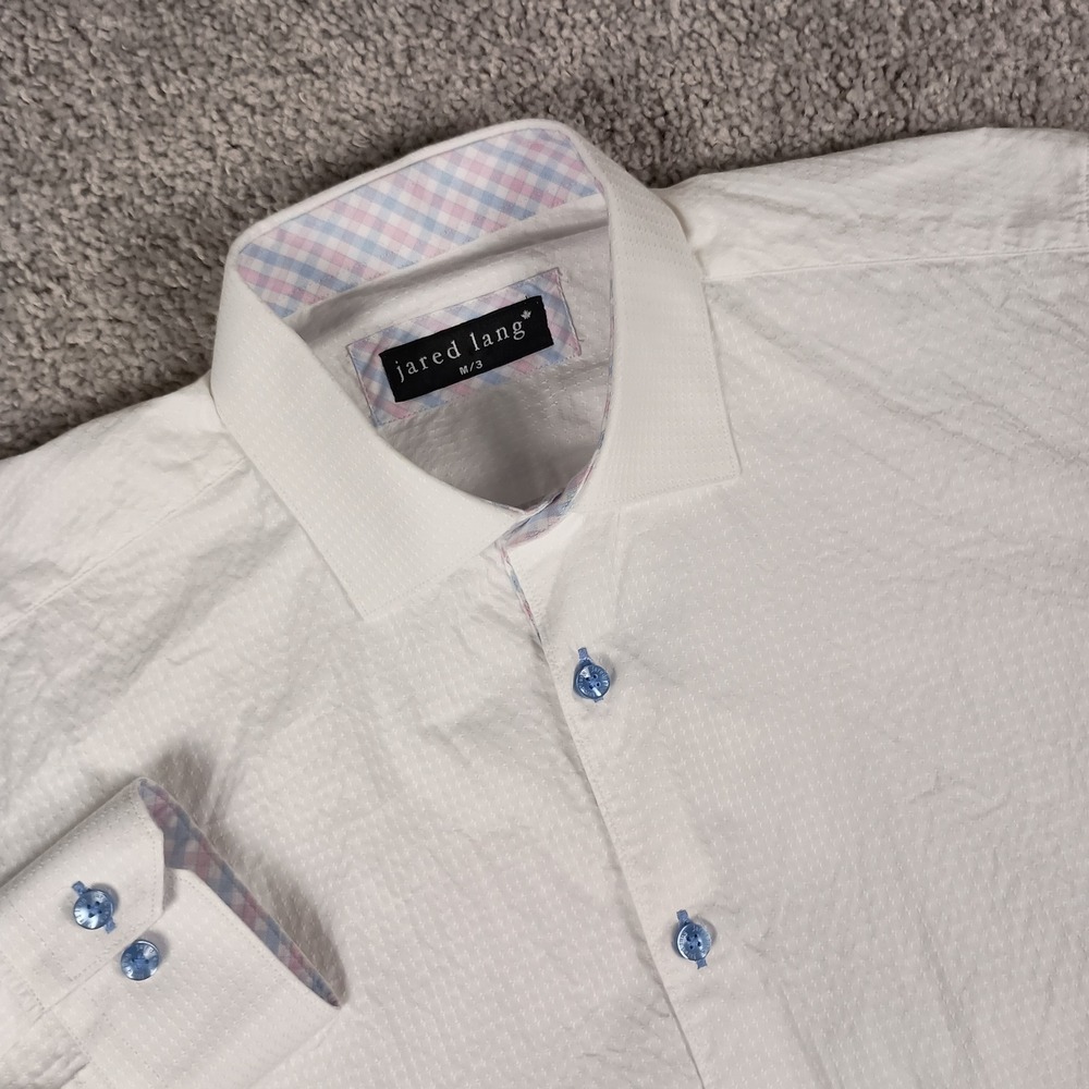 Jared Lang Button Down Shirt Mens M White Excellent Textured Dobby Blue Buttons